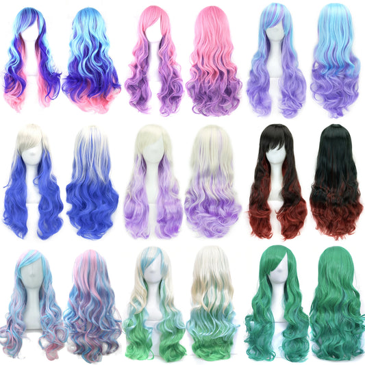 Soowee 17 Colors Wavy Women Wig High Temperature Fiber Synthetic Hairpiece Long Ombre Hair Cosplay Wigs