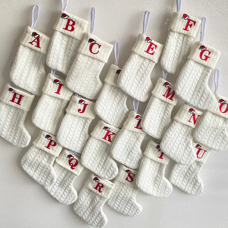 26 Letter Christmas Stocking Embroidered Xmas Socks Snowflake Alphabet Personalized Xmas Tree Ornament Gift Family Holiday Decor