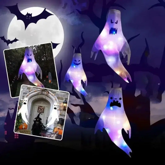 Halloween Led Floating Glowing Ghosts Hang Emoticon Ghost Weather Vane Outdoors Colorful Glowing Floating Ghost Pendant