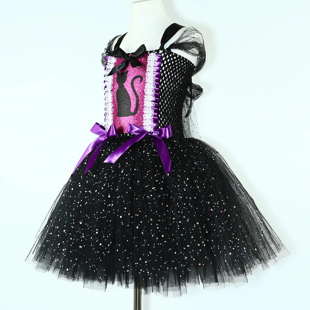 Glitter Black Cat Costume for Girls Carnival Birthday Party Fancy Tulle Tutu Dress Toddler Kids Halloween Animal Kitten Costumes