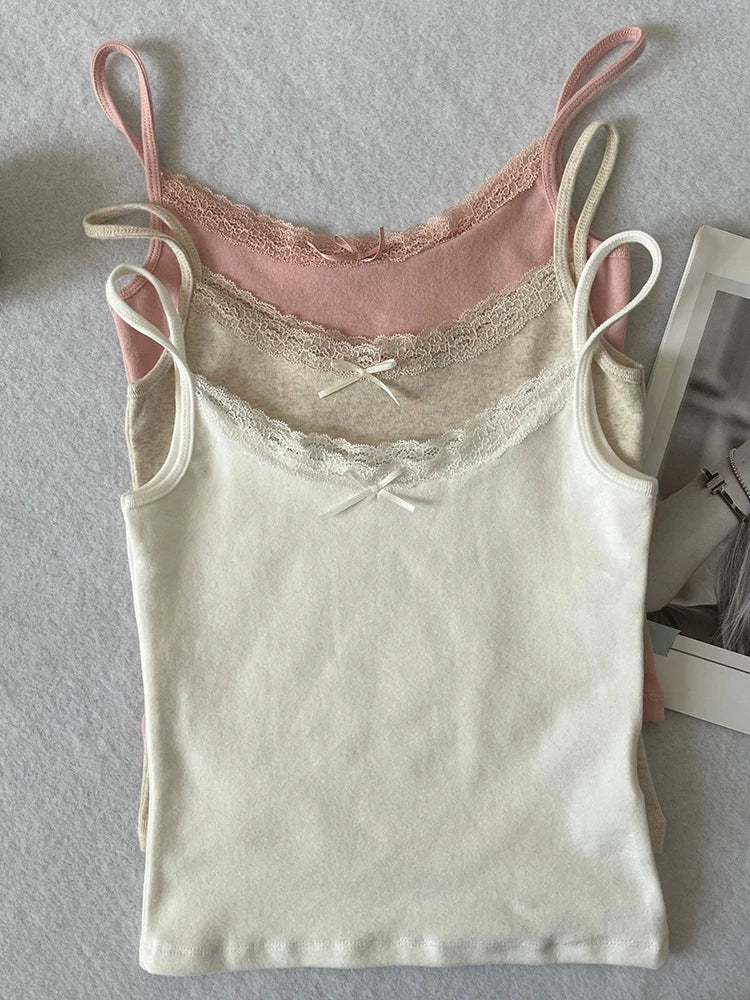 Floral Eyelet Sweet Slim Tank Tops Women Lace Trim Bow Cotton Sleeveless Summer Camisole Female Preppy Style Cute Slim Crop Top