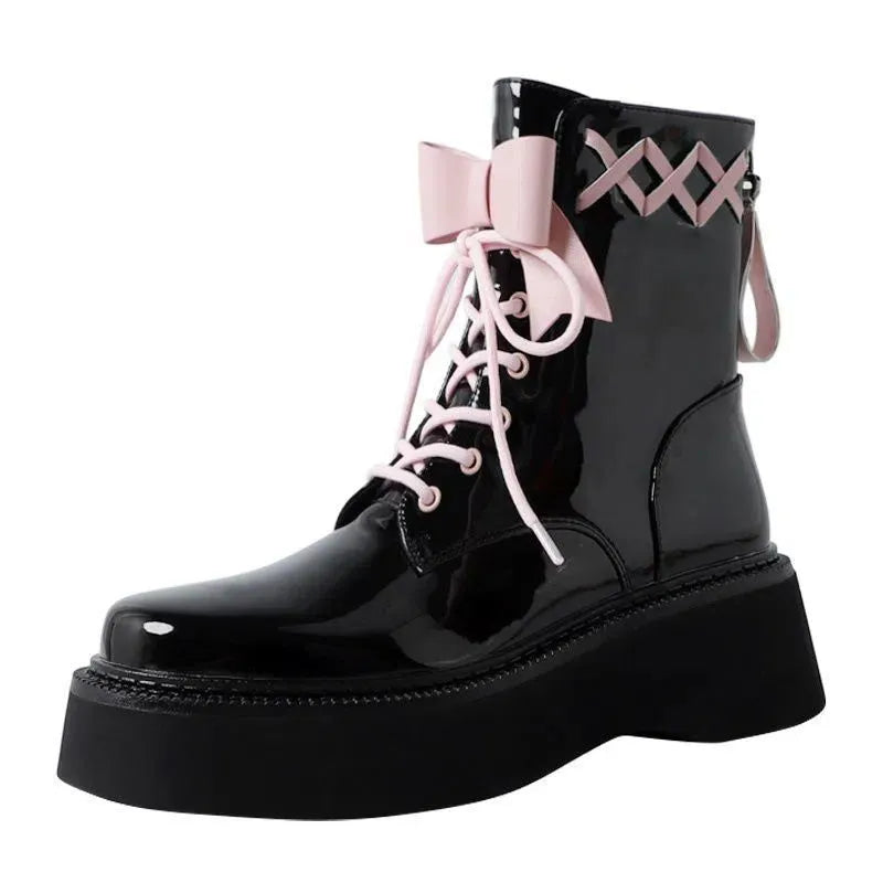 Booties Chunky with Laces Kawaii Cute Platform Black Pink Lace-up Footwear Punk Style Short Shoes for Woman Combat Work Goth Pu