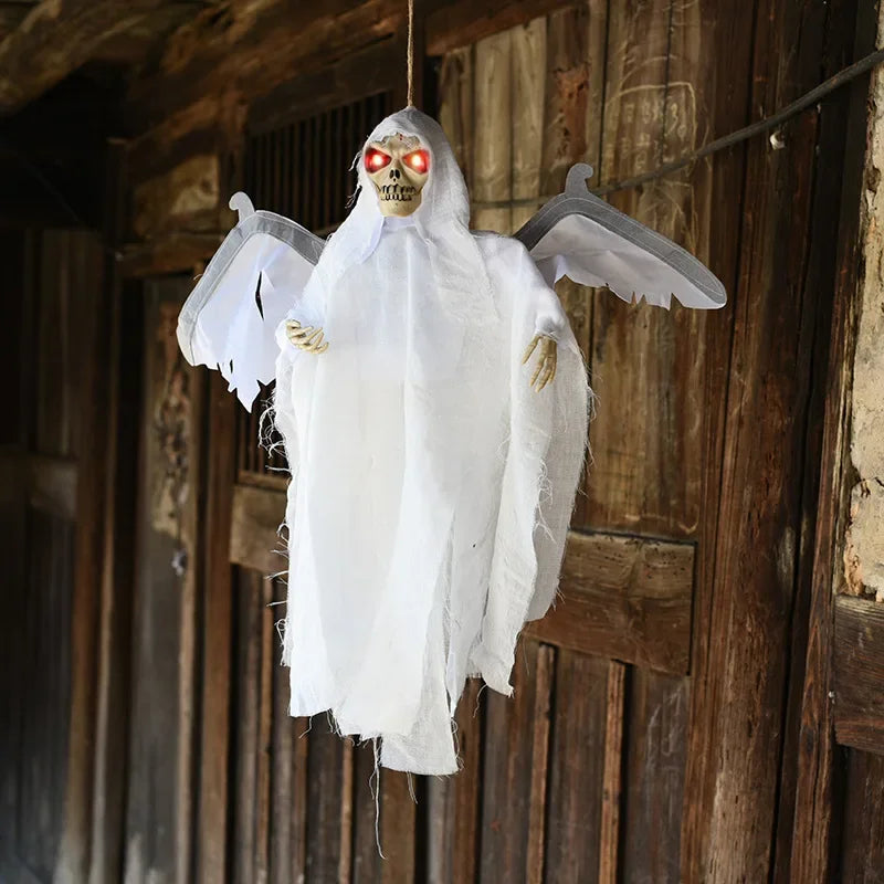 Halloween Hanging Ghost Horror Sound Eyes Glowing Wings Moving Indoor Outdoor Bat Flying Ghost Props Voice Control Electric Toy