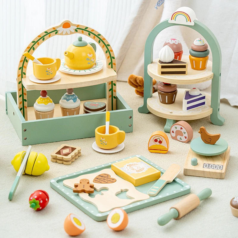 Wooden Pretend Play Kitchen Toys Coffee Machine Tea Set Toy Cake Ice Cream Play Set Learning Toys for Girls Boys Children Gifts