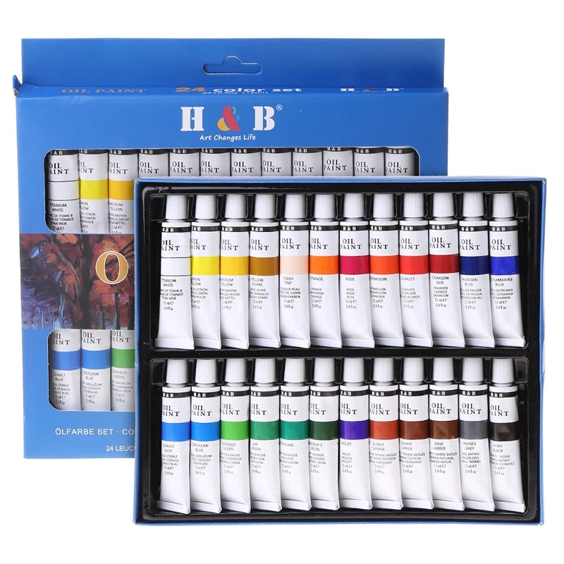 24 Colors Professional Oil Painting Paint Drawing Pigment 12ml Tubes Set Artist Art Supplies for Beginner QXNF