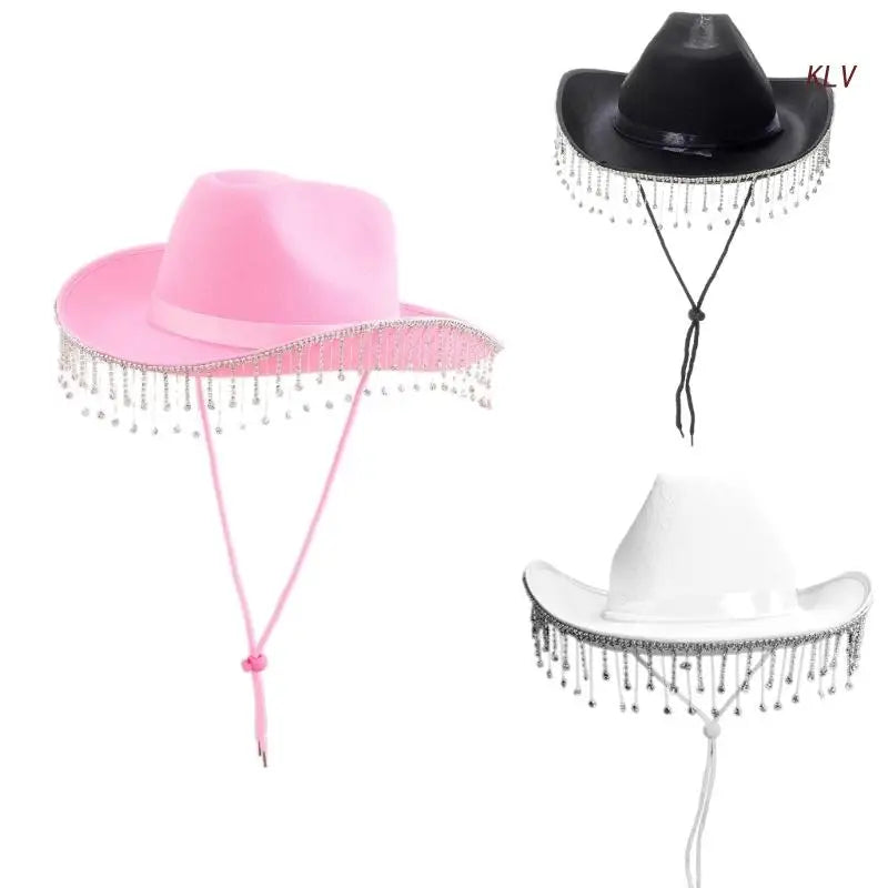 Bride Cowgirl Hat for Adult Wedding Cowboy Hats with Rhinestones Fit Most Women for Theme Party Black White Pink