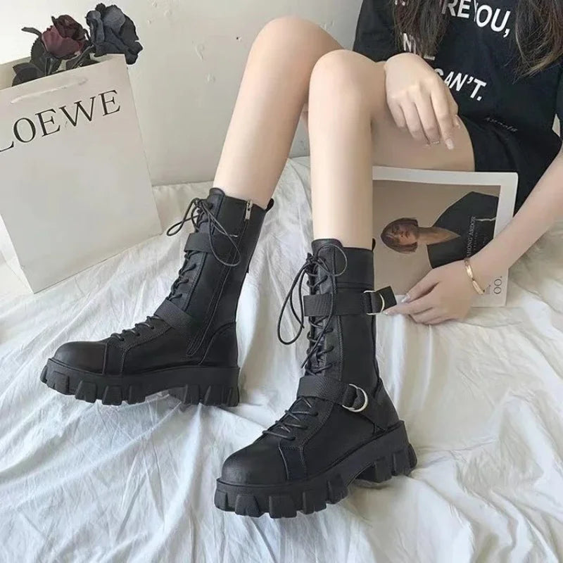 Woman Boots 2024 New Lace-Up Platform Shoes Elegant Trend Punk Gothic Rock Leather Fashion Motorcycle Women's Shoes Plus size 43