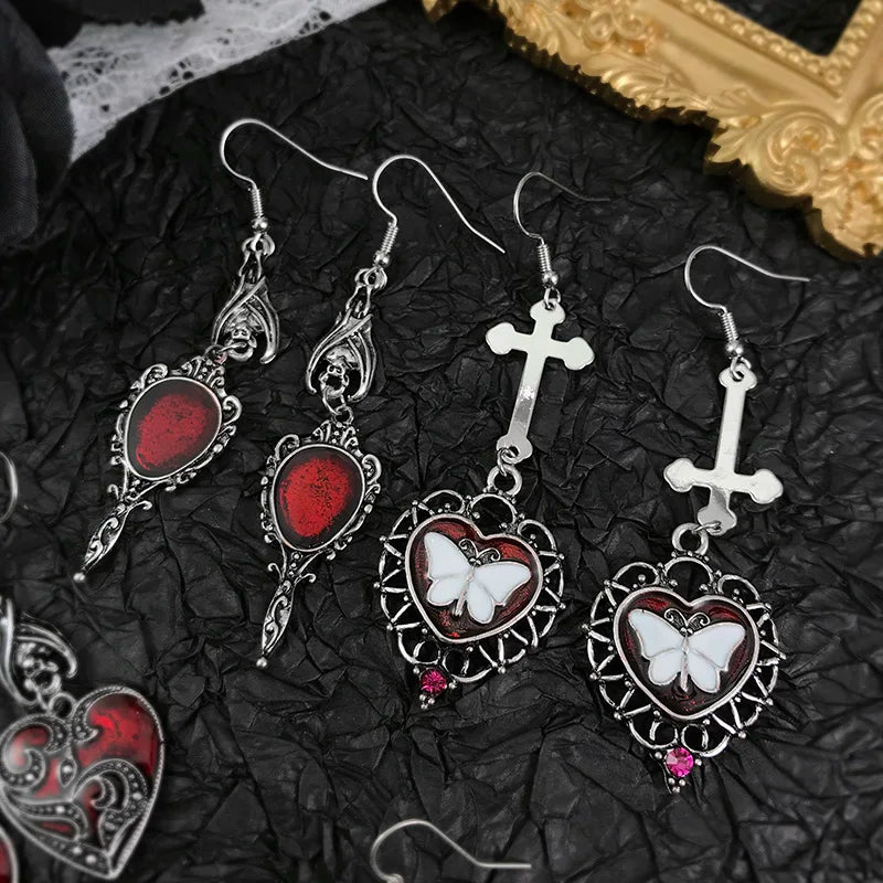 Dark Gothic Lolita Vintage Drop Earrings For Women Bat Butterfly Rose Heart Earring Punk Goth Halloween Masquerade Jewelry