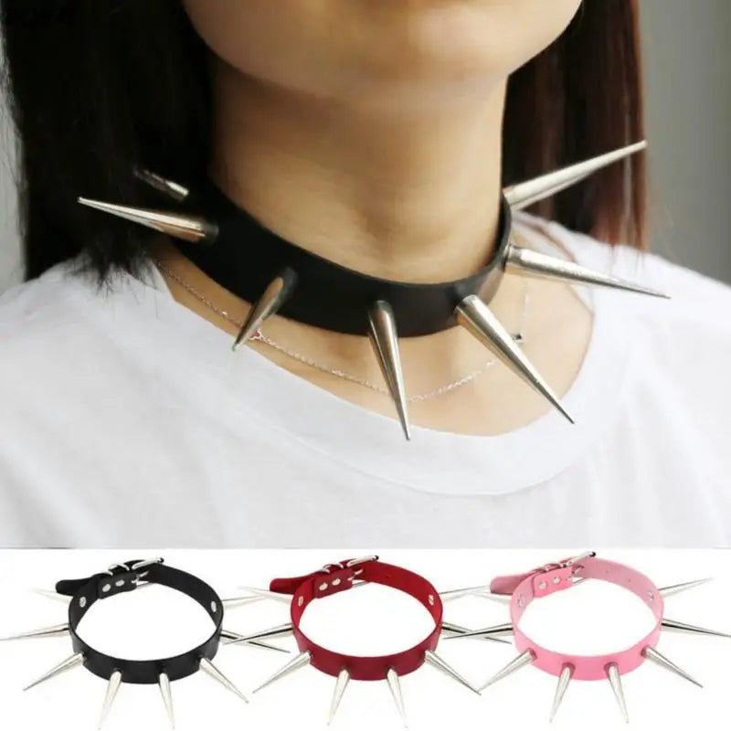 Long Spike Choker Punk Faux Leather Collar For Women Men Cool Big Rivets Studded Chocker Goth Style Necklace Accessories