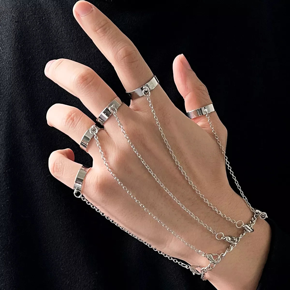 Punk Geometric Silver Color Chain Wrist Rings For Women Men Charm Hip Hop Chain Tassel Open Rings Set Couple Emo Fashion Jewelry