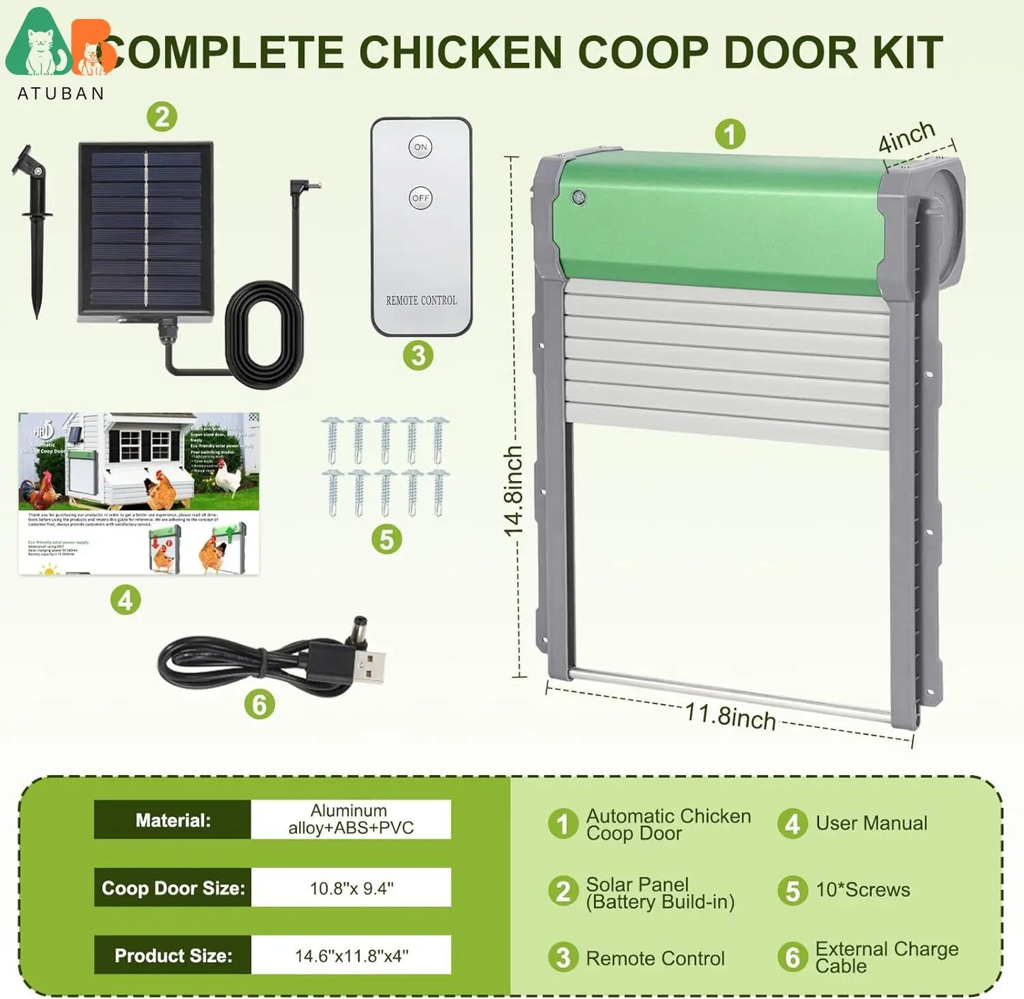 Automatic Chicken Coop Door Solar Power, Aluminum Chicken Coop Door,Auto Chicken Door with Timer,Light Sensor and Remote Control