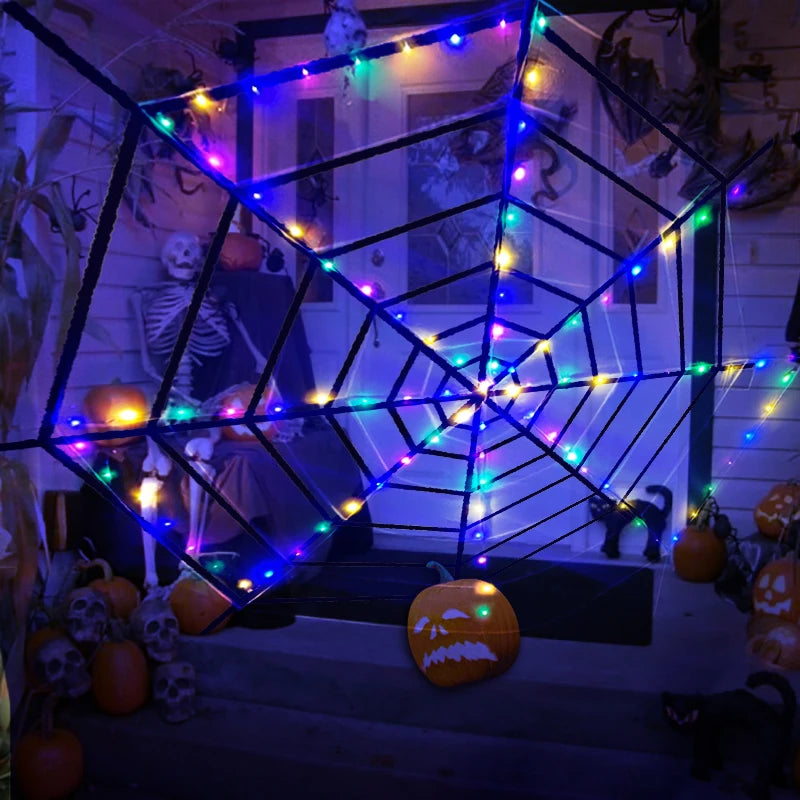 Halloween Spider Web Lights LED Scary Giant Spider Net for Halloween Party Indoor Outdoor Garden Yard Decor Haunted House Props