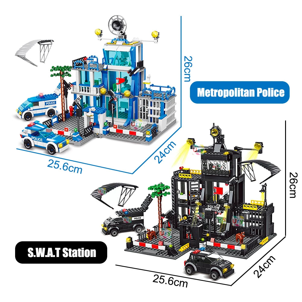 SWAT Police Station Military City Model Set Prison Car Policeman Boat Figures Model Building Blocks DIY Toy for Kids Boys Gift