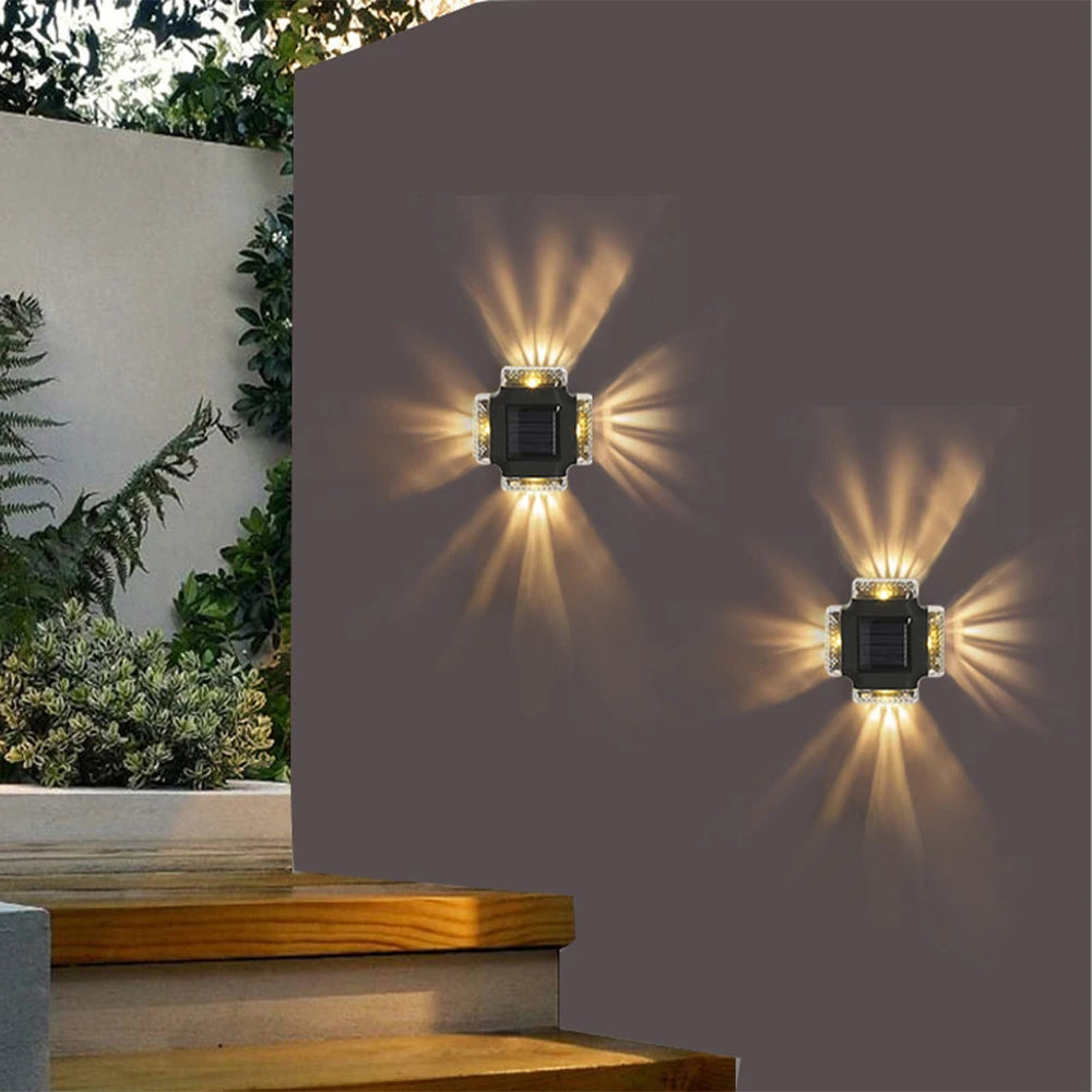 LED Solar Wall Lamp Four Sides Spotlight Outdoor Waterproof Up and Down Luminous Sunlight Light Garden Yard Fence Decor Lamps