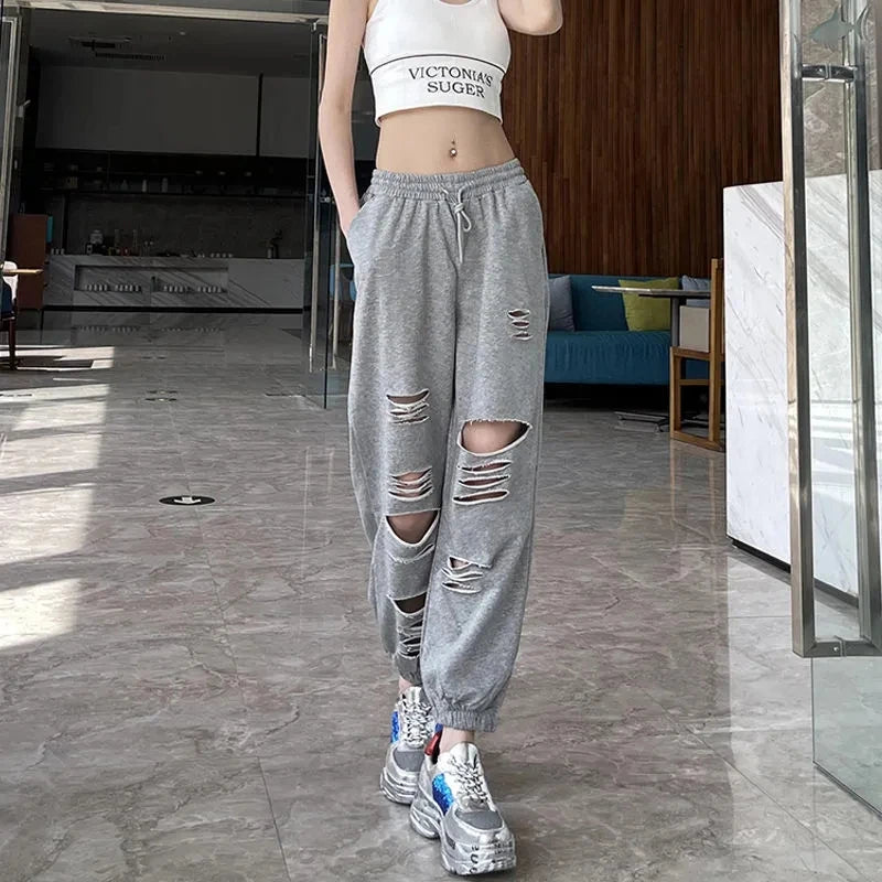 MEXZT Fashion Hole Streetwear Women Harem Pants Summer Harajuku Hollow Out High Waist Elastic Sweatpants Casual Korean Y2k Pants