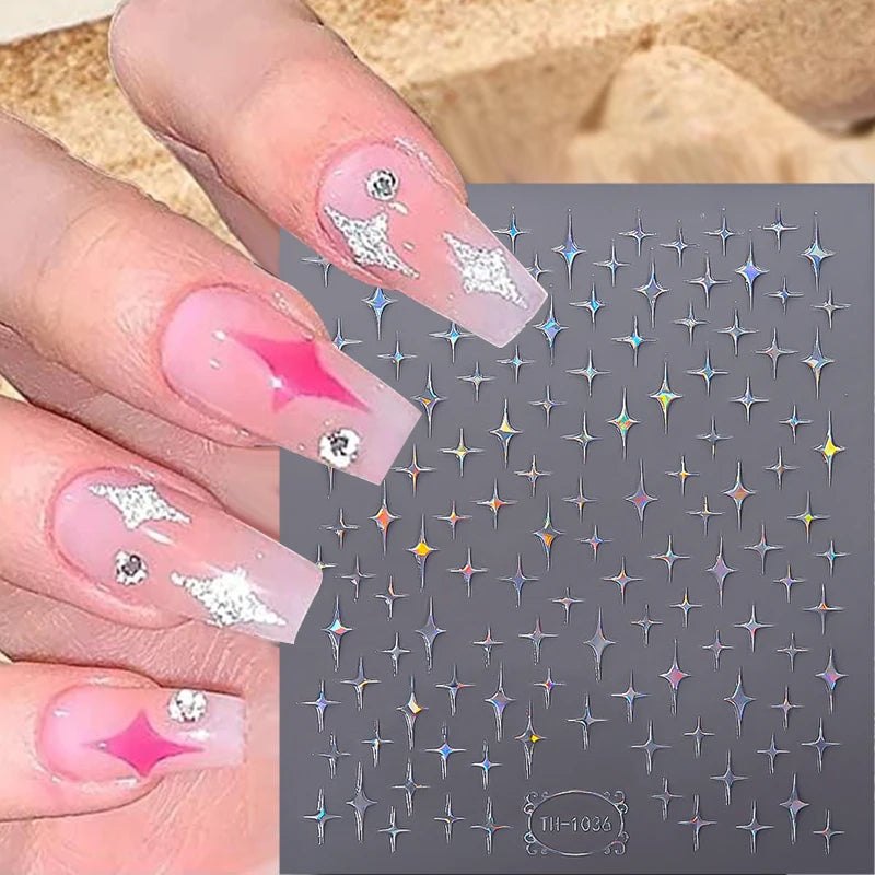 Sliver Stars Nails Stickers 3D Laser Stylish Adhesive Nail Sticker Manicure Decoration Nail Stickers for Nails Nail charms