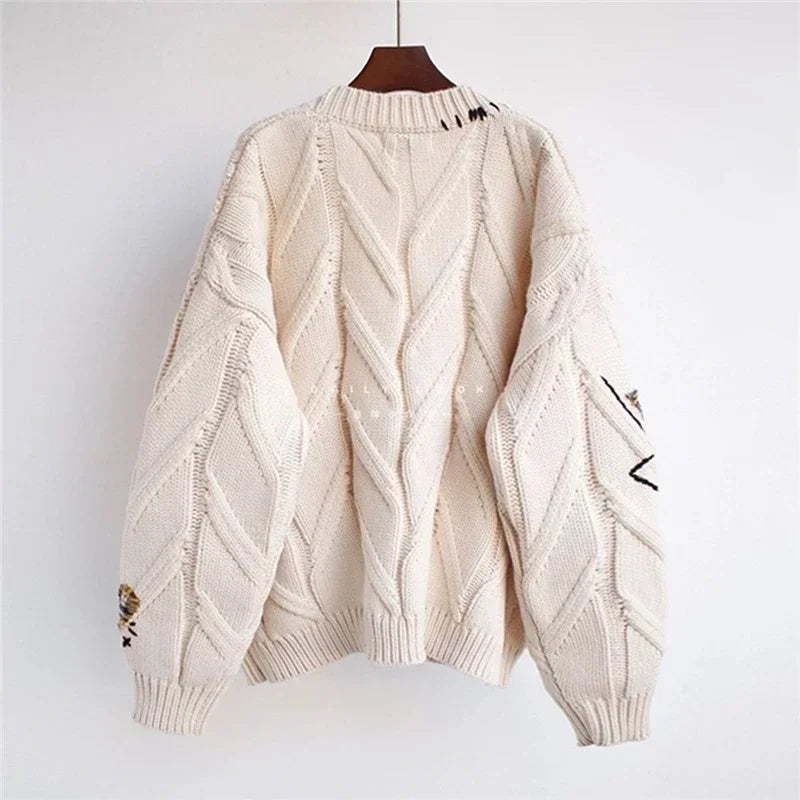 Women Warm Knitted Jacke Cardigan Sweater New Fashion Casual Pocket Embroidery Knit Oversized Cardigans Coat Lady Loose Sweaters