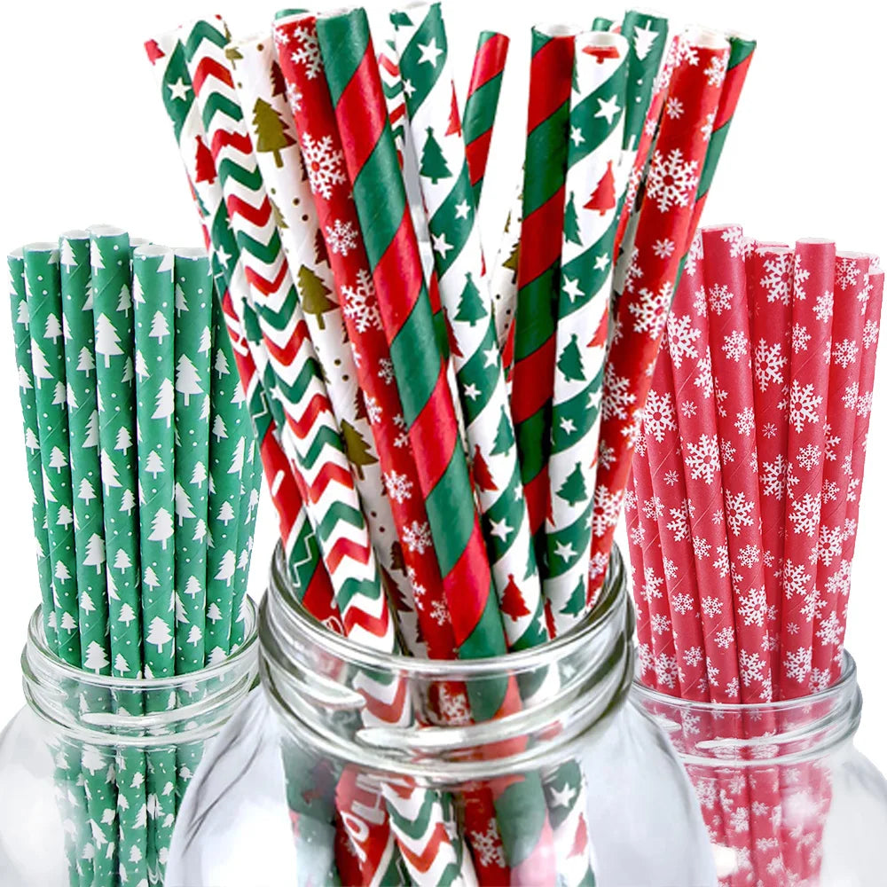 25pcs Biodegradable Christmas Paper Straws Dots Stripes Waves Straws for Beverage Christmas Holiday Birthday Party Decorations