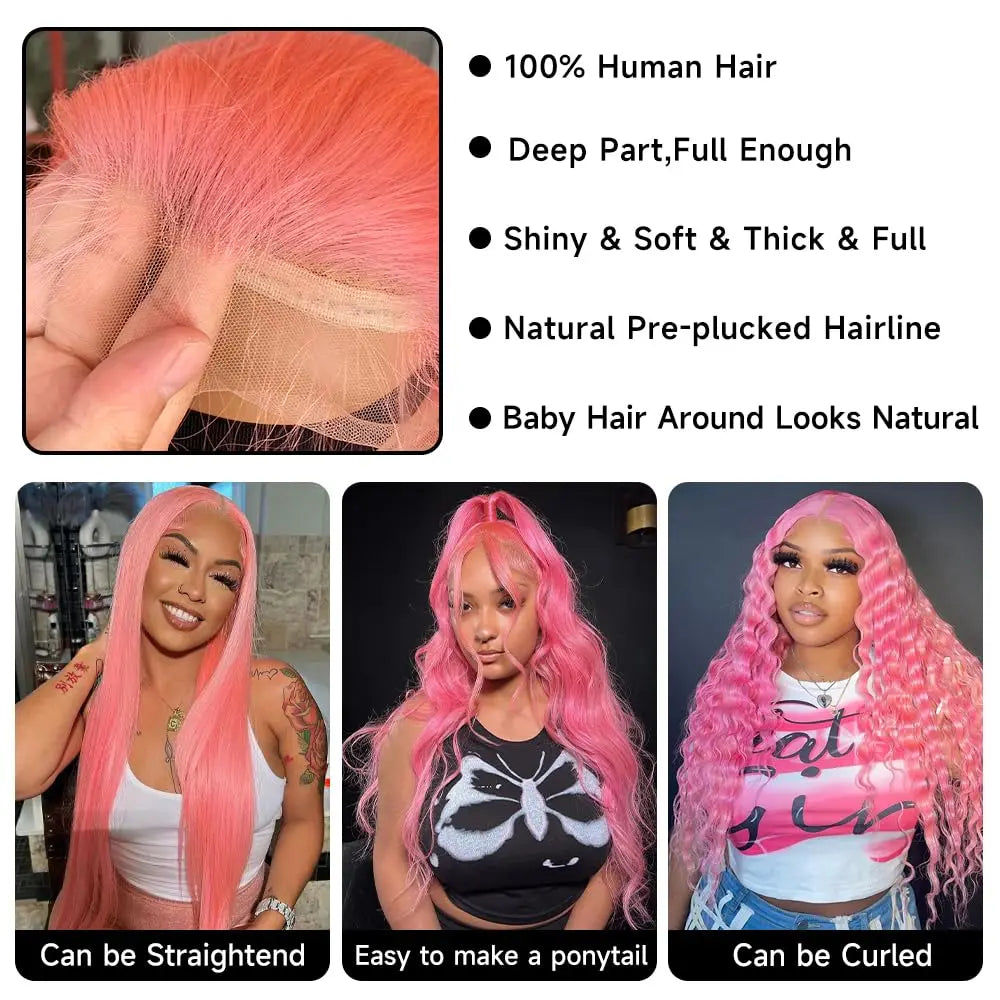 Pink Human Hair Wig Pre Plucked 30 32 Inch 13x4 HD Transparent Lace Front Wigs Human Hair  for Women 180% Density