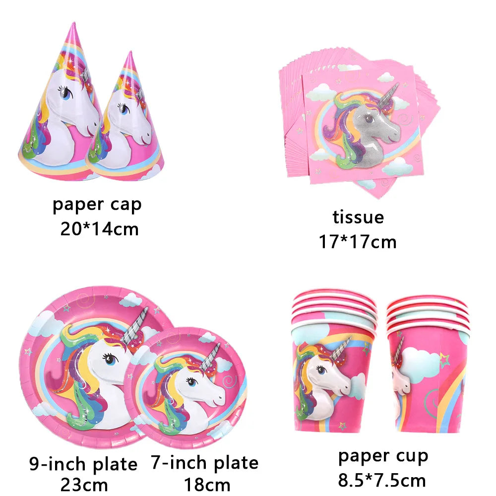 Children Unicorn Paper Cup Paper Tray Tissue Knife, Fork, Spoon Girl Birthday Party Tableware Set Holiday Decorative Supplies