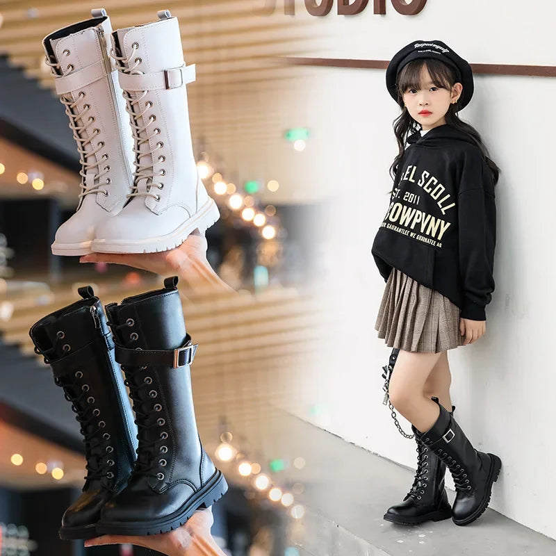 Girls Boots 2024Autumn New Fashion Leather Knee-length Long Boots Princess High Top Kids Shoes Casual Children Cotton Boots