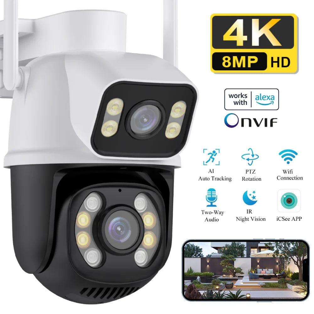 Surveillance PTZ WIFI Camera Dual Lens Dual Screen IP Camera Outdoor 8MP HD Auto Tracking Security Protection ICSee app