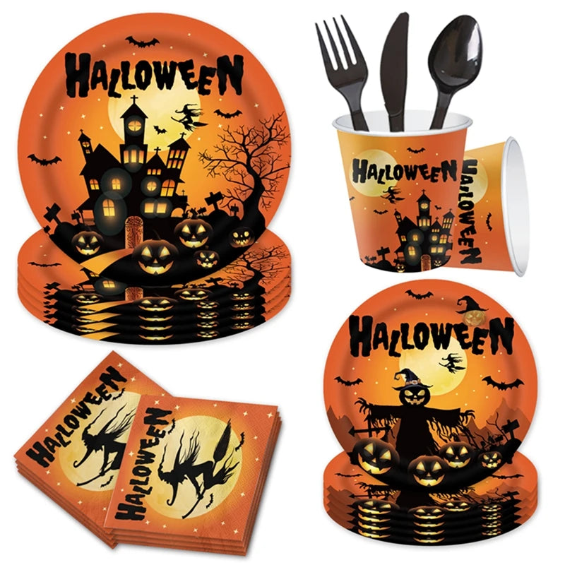 Happy Halloween Tableware Paper Plate Table Decor Halloween Birthday Party Carnival Bat Ghost Halloween Party Decor Home Supply