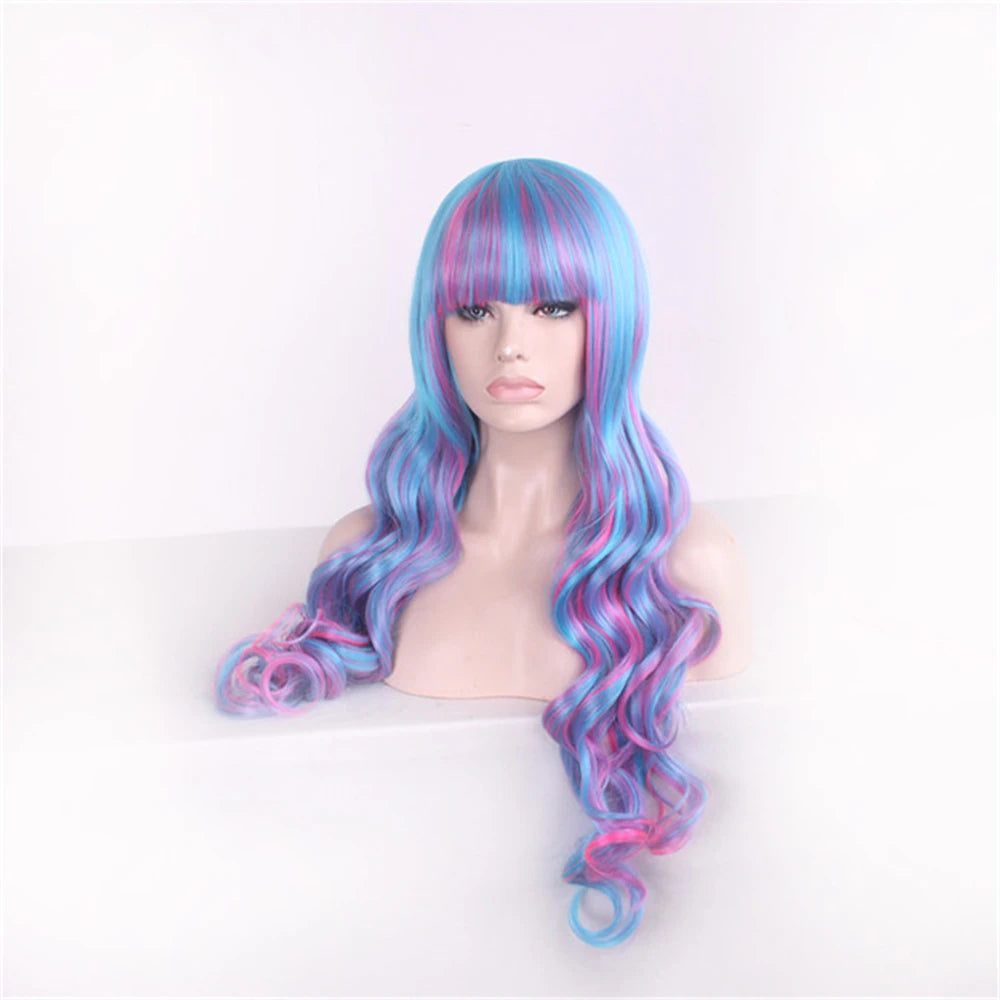 Synthetic Hair Blue Rainbow Wig With Bangs Wavy Party Cosplay Female Wigs For Women Long Anime Wig Colored Red Pink Brown Yellow