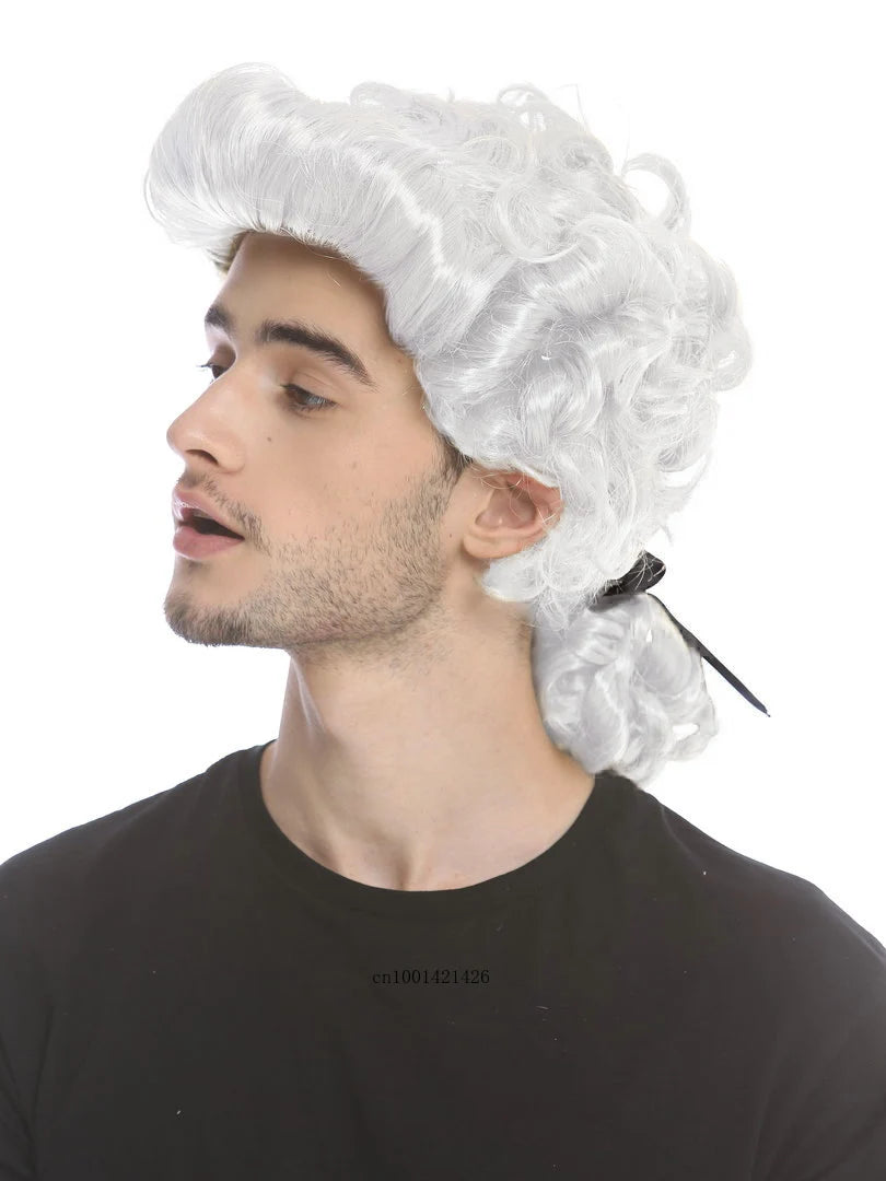 Synthetic George Washington Wig Colonial Man Long Wave White Wigs Halloween Costume Cosplay Wig Lawyer Funny Powdered Judge Wigs