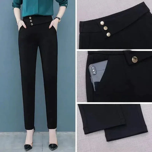 Pencil Trousers Spring Autumn Solid Color Button Elastic High Waisted Pockets Casual Women's Clothing Korean Fashion Pants