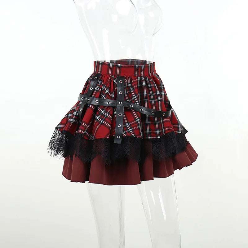 Gothic Harajuku Girls Plaid Pleated Skirt Punk Sweet Lace Kawaii Clothing Y2k Lolita Cake Mini Skirts Cosplay Costume