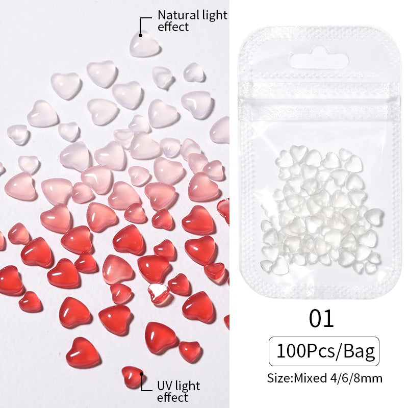 100Pcs Mixed Pink White Resin Hollow Pearl 3D Nail Charm Acrylic Love Heart Bowknot Pentagram Nail Accessories For Manicure Deco