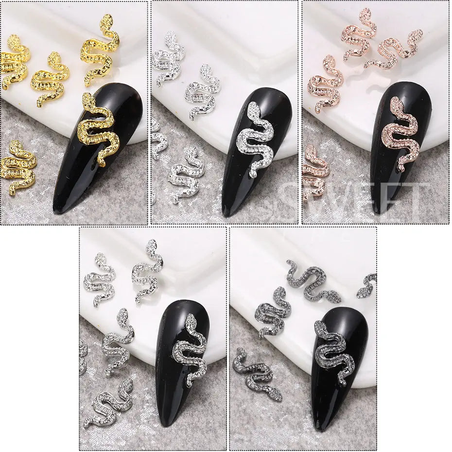 5/20/25pcs Alloy Snake Nail Charms Luxury Punk Metal Mixed Color 3D Gothic Snake Design Jewelry Nails Serpiente DIY Decoration