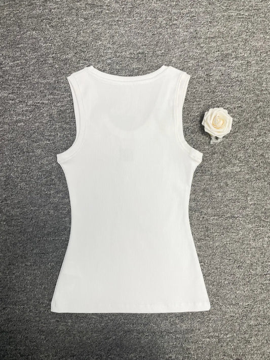 23 Summer new women's short sleeveless top sexy crop top vest round neck T-shirt embroidered knitted vest