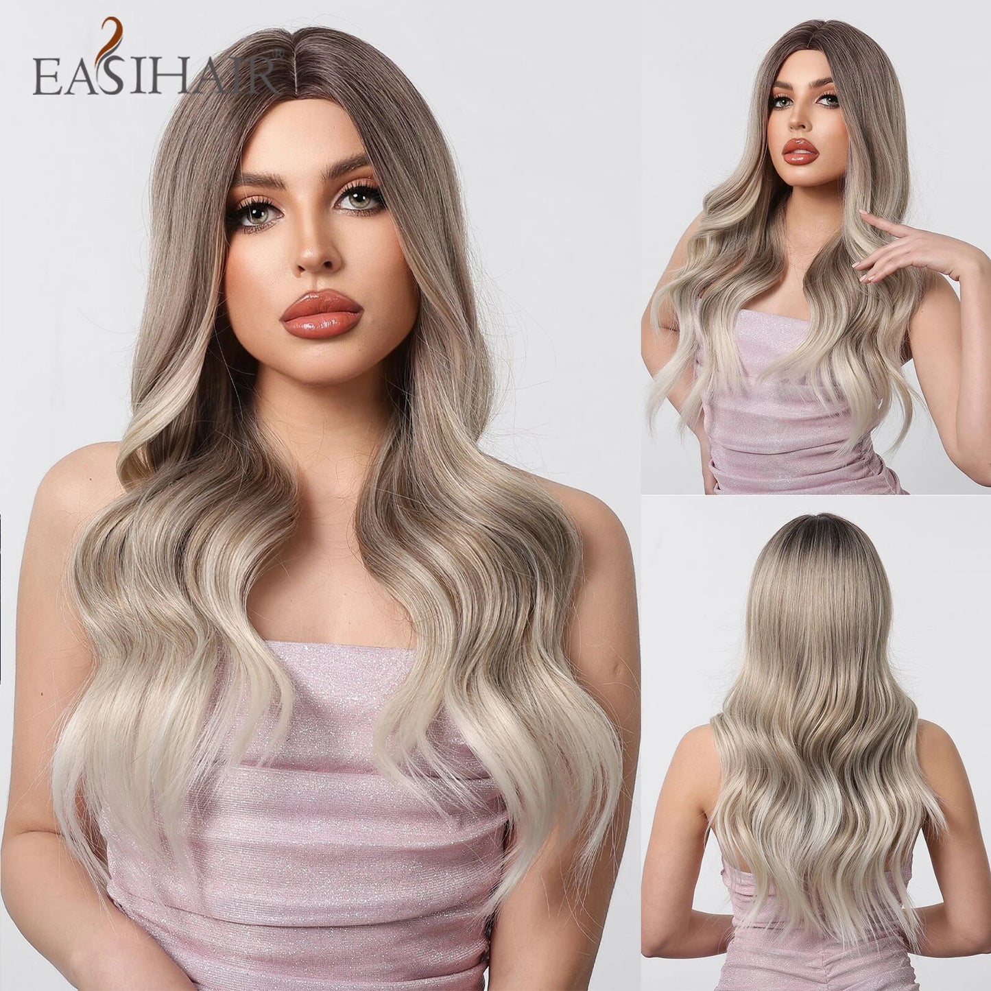 EASIHAIR Long Wavy Brown Synthetic Wigs for Women Dark Brown Wigs With Side Bangs Natural Hair for Daily Use Heat Resistant Wig