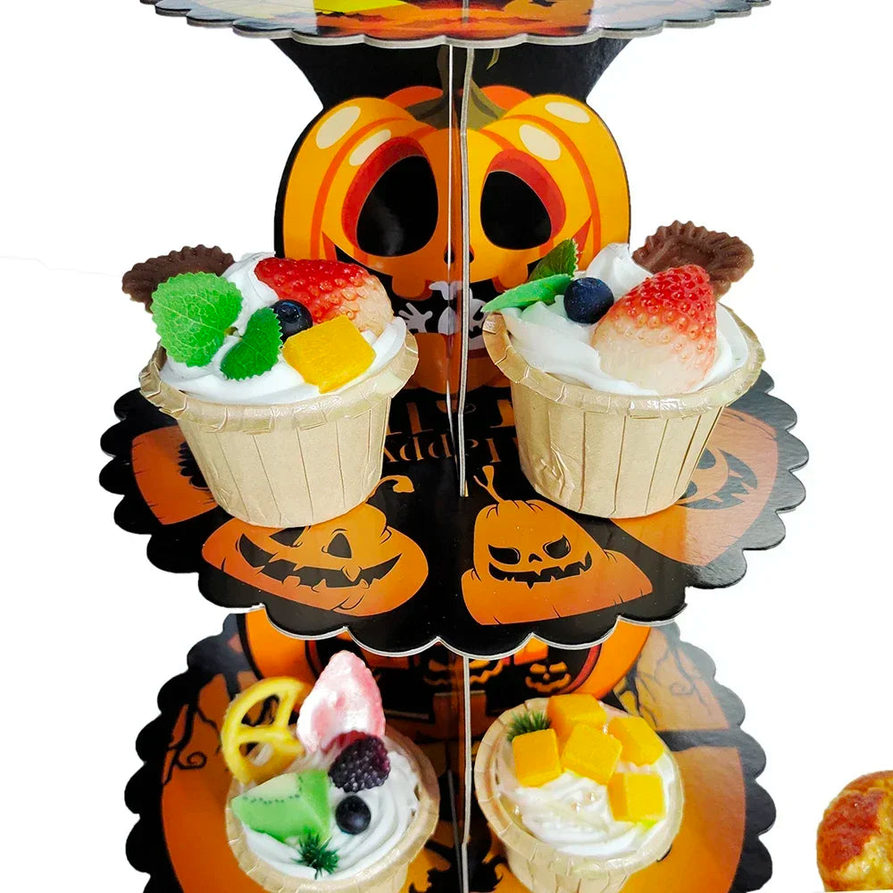 Halloween Dessert Tower Spooky Face Arachnid Gourd 3 Tier Cupcake Display Witch Cap Topped Paper Stand Eerie Festivity