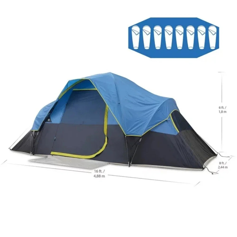 8-Person Dome Tent with Fly, easy set-up, Grey,/ Blue in colour, size: 16ft L x8ft W x72in H