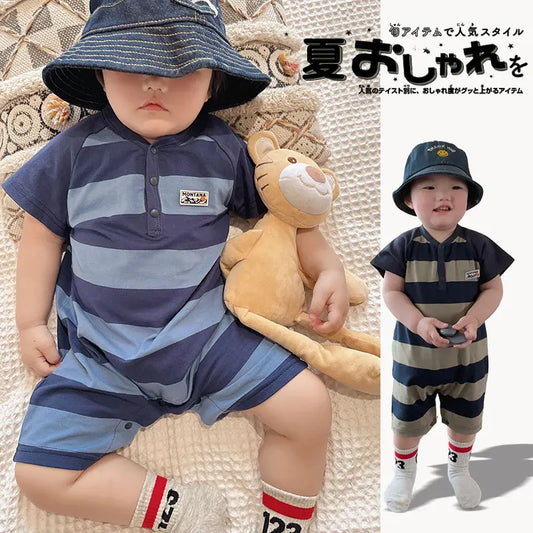 Baby clothes 2024 summer slim short sleeved jumpsuit for boys and girls, jumpsuit with striped crawling clothes