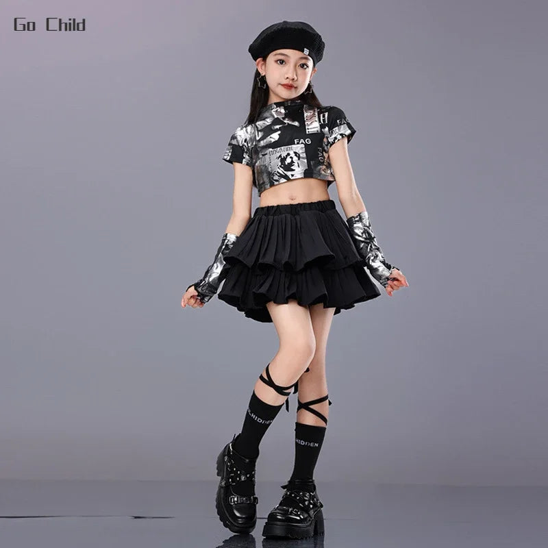 Girls Hip Hop Tassels Crop Top Street Dance Ruffled Skirts Child K-pop Shiny T-shirts Streetwear Clothes Sets Kids Jazz Costumes