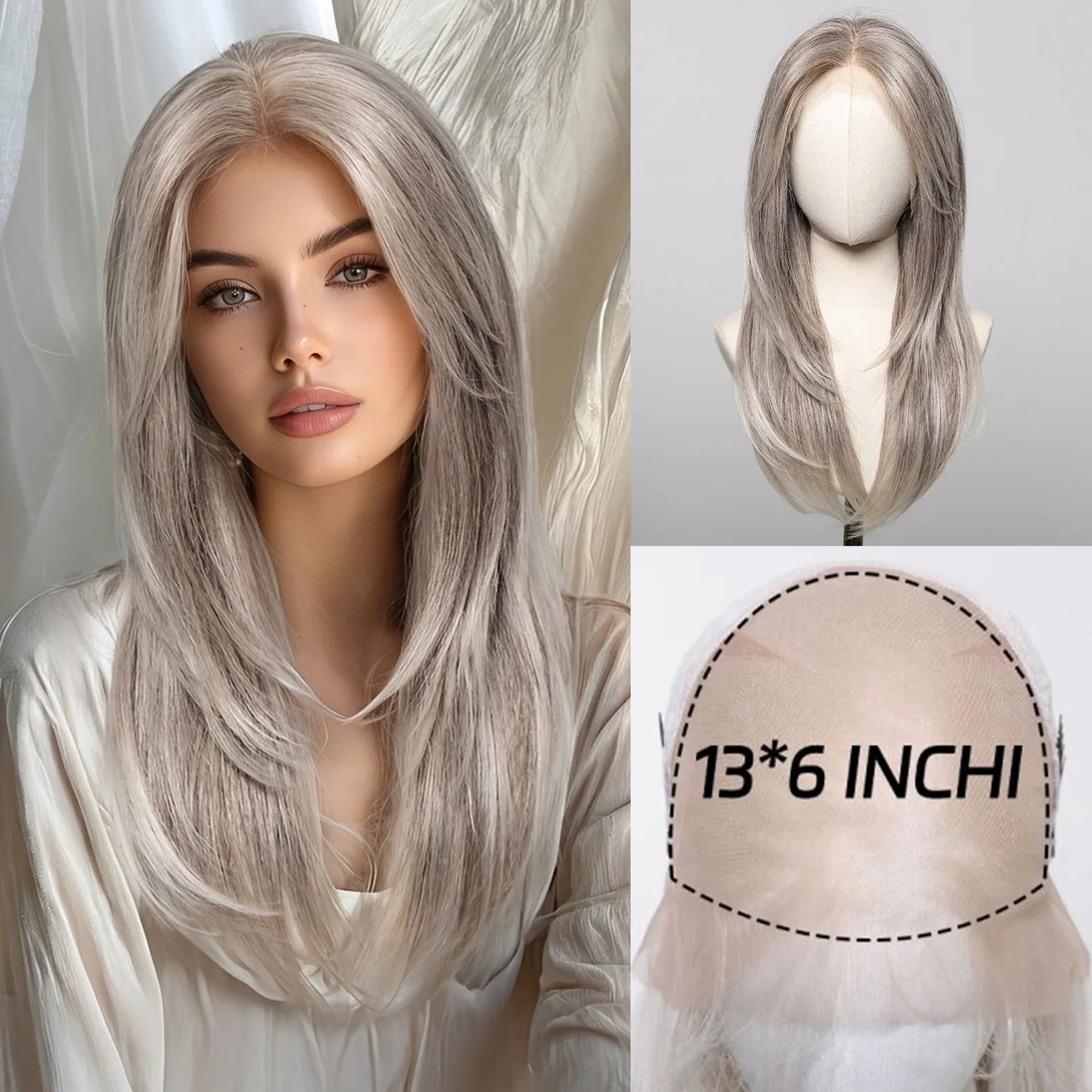 LOUIS FERRE Platinum 13*6 Lace Front Synthetic Wigs for White Women Long Straight Layered Wig Free Part Daily Party High Density