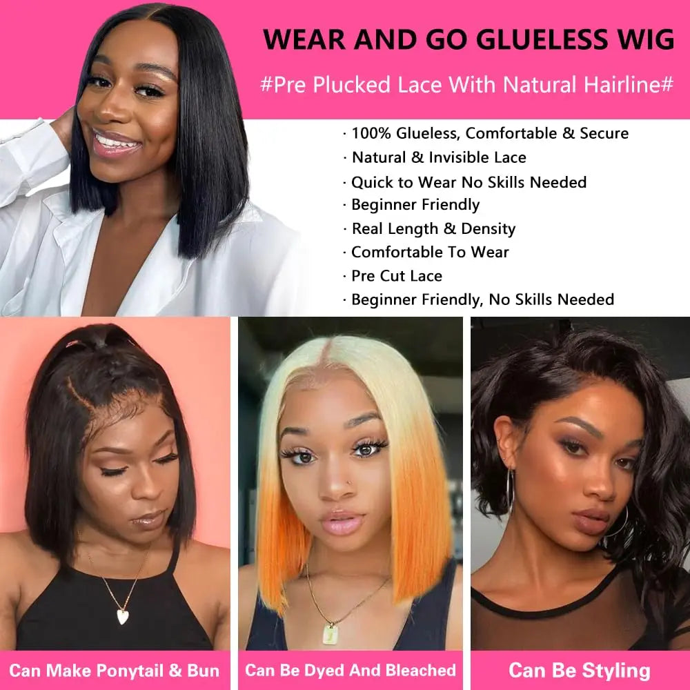 Wear And Go Glueless Wigs Human Hair Bob Straight Pre Cut Lace Front Wigs Human Hair Upgraded No Glue Lace Front Wigs For Women