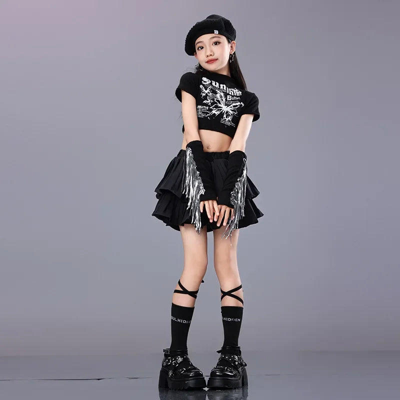 Girls Hip Hop Tassels Crop Top Street Dance Ruffled Skirts Child K-pop Shiny T-shirts Streetwear Clothes Sets Kids Jazz Costumes