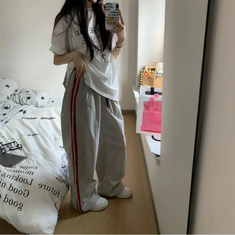 American New High Street Vintage Wide Leg Sporty Pans Women Solid Striped High Waist Pocket Drawstring Loose Straight Trousers