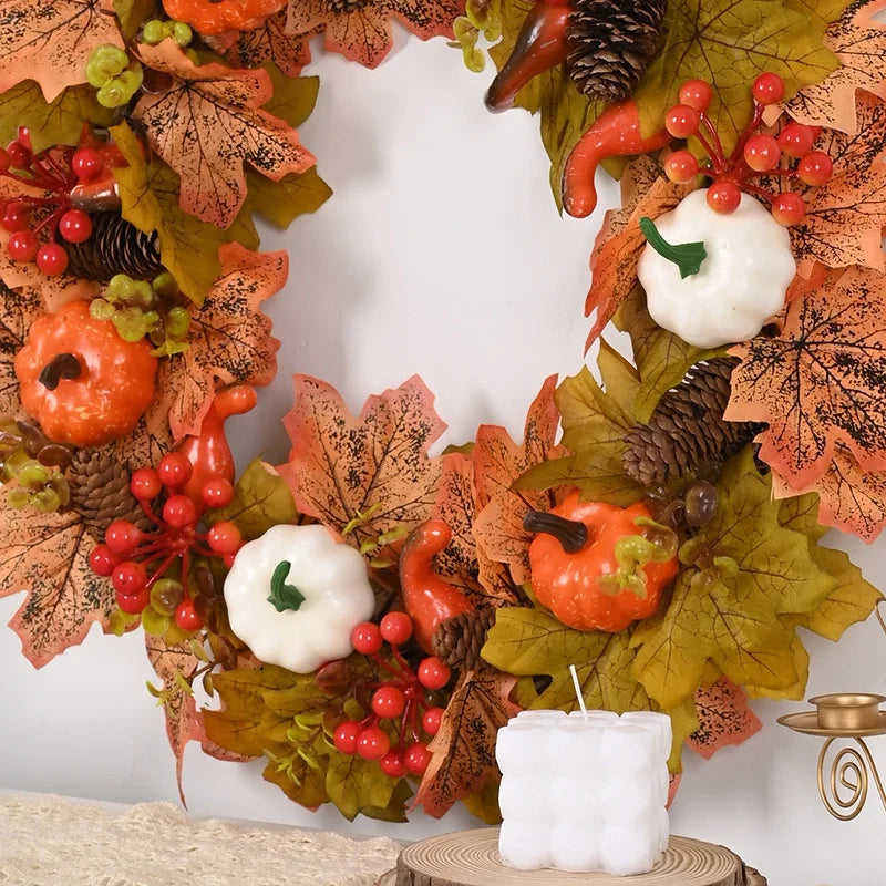 45cm Fall Wreaths Pumpkin Berry Maple Leaf Artificial Wreath Harvest Autumn Front Door Wreath Christmas Halloween Home Decor