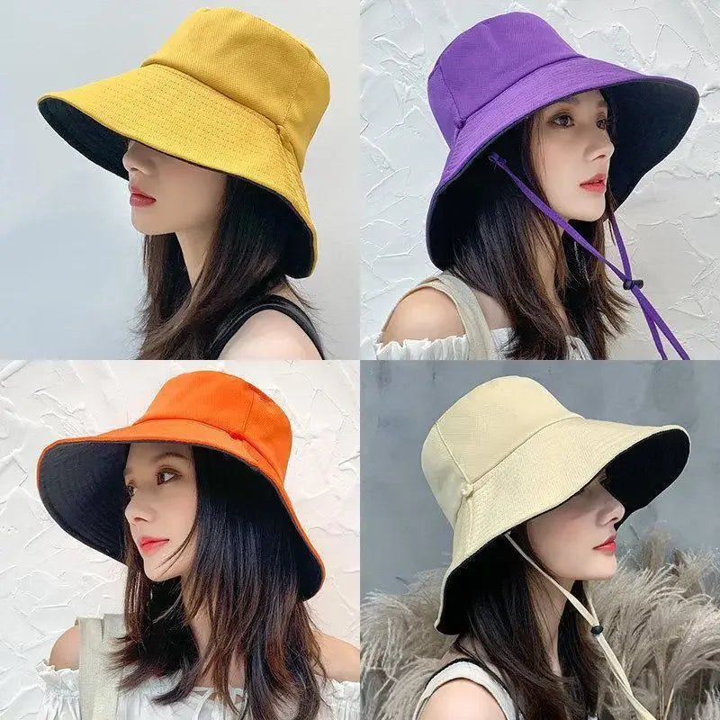 Double-sided Foldable Bucket Hats For Women Fashion Big Brim Solid Color Fisherman Hat Outdoor Travel Visor Caps Summer Sun Hat