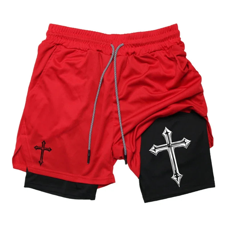 Cross Print 2 in 1 Workout Running Shorts for Men Christian Gym Athletic Shorts with Compression Liner Phone Pocket Towel Loop