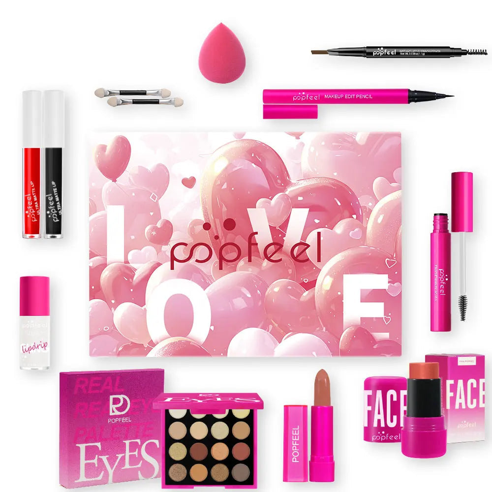POPFEEL 12-Piece Valentine's Day Makeup Set - Includes Eyeshadow, Blush, Lipstick, Lip Gloss, Mascara, Eyebrow Pencil, Eyeliner.