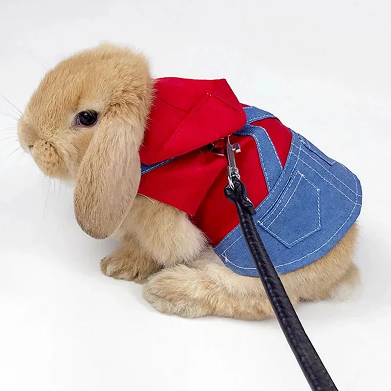 Pet Rabbit Clothes Denim Jacket Coat Small Animal Harness Leash Vest Bag Hat Set for Ferret Bunny Hamster Small Pet Supplies