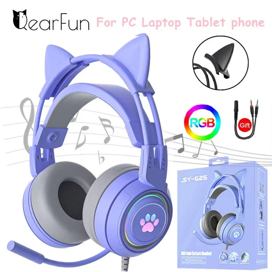 Pink Girls Cute Cat Headphones with Mic for Laptop RGB LED Noise Reduced Stereo PC Headset Gamer for Ipad PS4 Phone Xbox