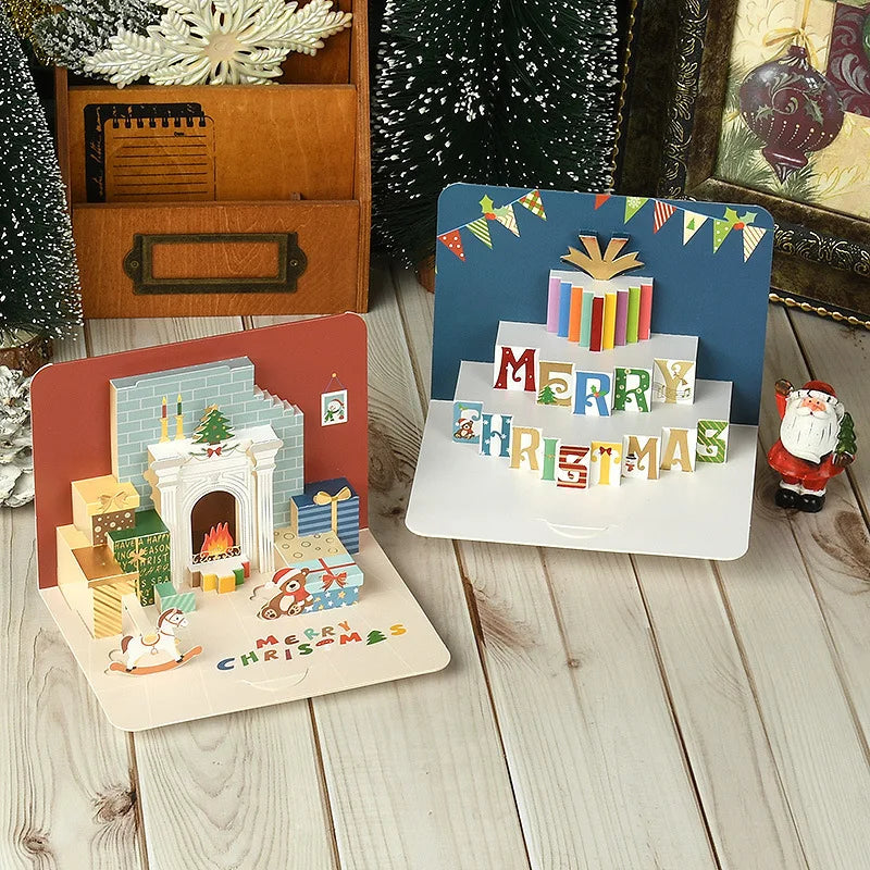 2pcs Christmas Card 3D Pop Up Christmas Eve Card New Year Winter Holiday Greeting Cards with Envelopes